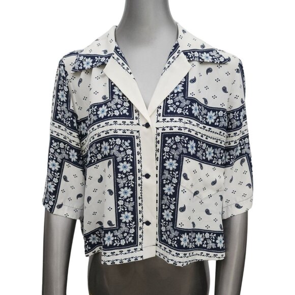 Cinq a Sept New NWT Dani Blue Floral Cropped Button Silk Shirt Top Scarf Large - Picture 3 of 10